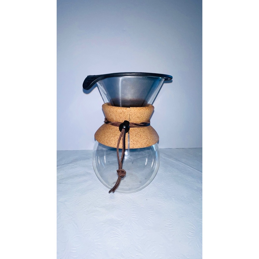 Bodum Pour Over Coffee Maker 34oz Clear Glass Cork Sleeve Stainless Steel Filter
